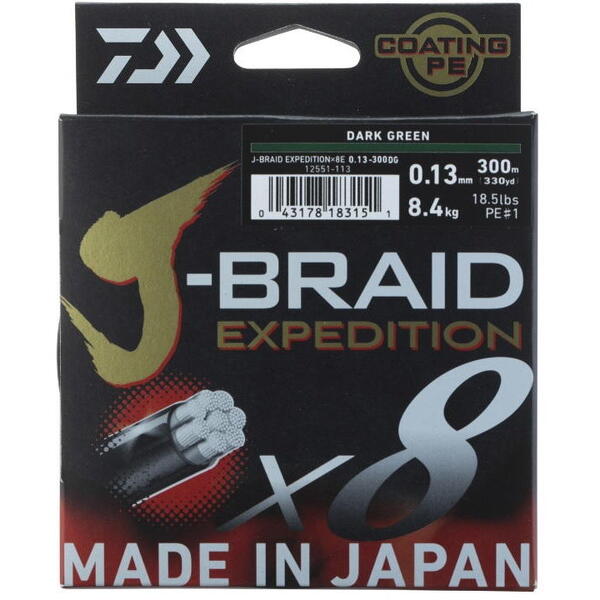 Fir Daiwa J-Braid Expedition X8 0.18mm 12.3Kg 300m Dark Green